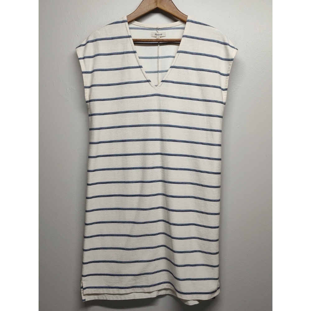 Madewell Cream and Blue Sheath Midi Dress Sleeveless V-Neck